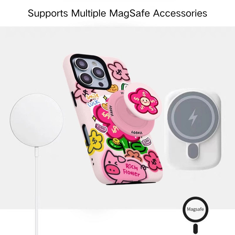 Rich Flower & Lucky Piggy Case for iPhone 13-17 PM | MagSafe 2-in-1 Design | Glossy/Matte