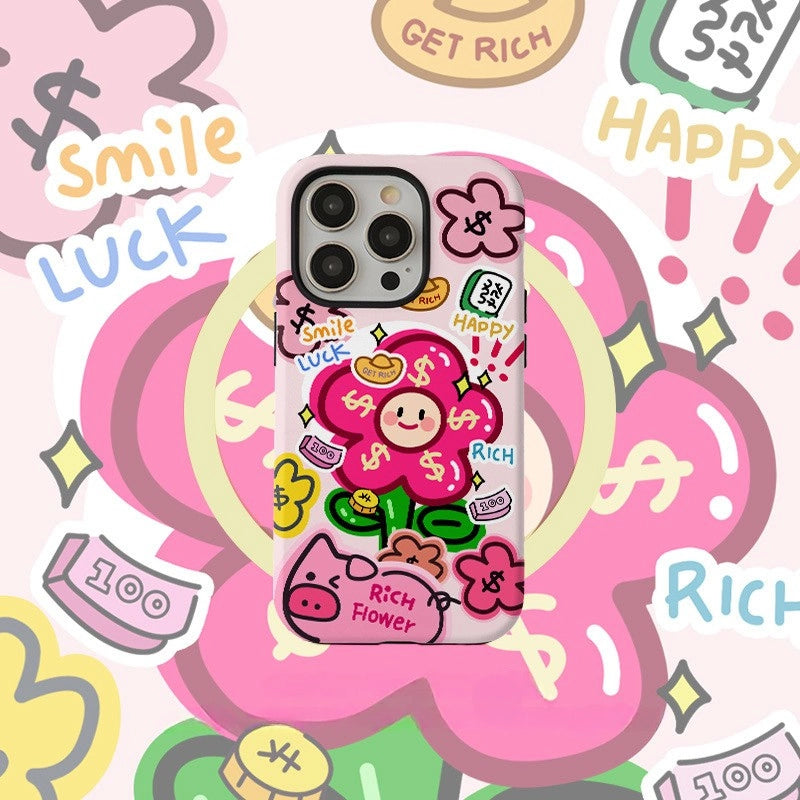 Rich Flower & Lucky Piggy Case for iPhone 13-17 PM | MagSafe 2-in-1 Design | Glossy/Matte