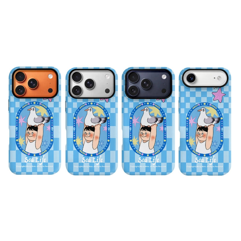 Sea Life Carrier Pigeon Blue Gingham Case for iPhone 13-17 PM | MagSafe 2-in-1 Film | Glossy/Matte