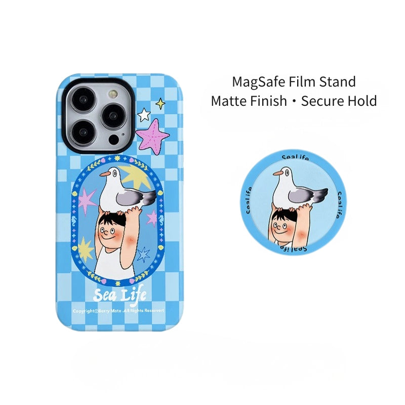 Sea Life Carrier Pigeon Blue Gingham Case for iPhone 13-17 PM | MagSafe 2-in-1 Film | Glossy/Matte