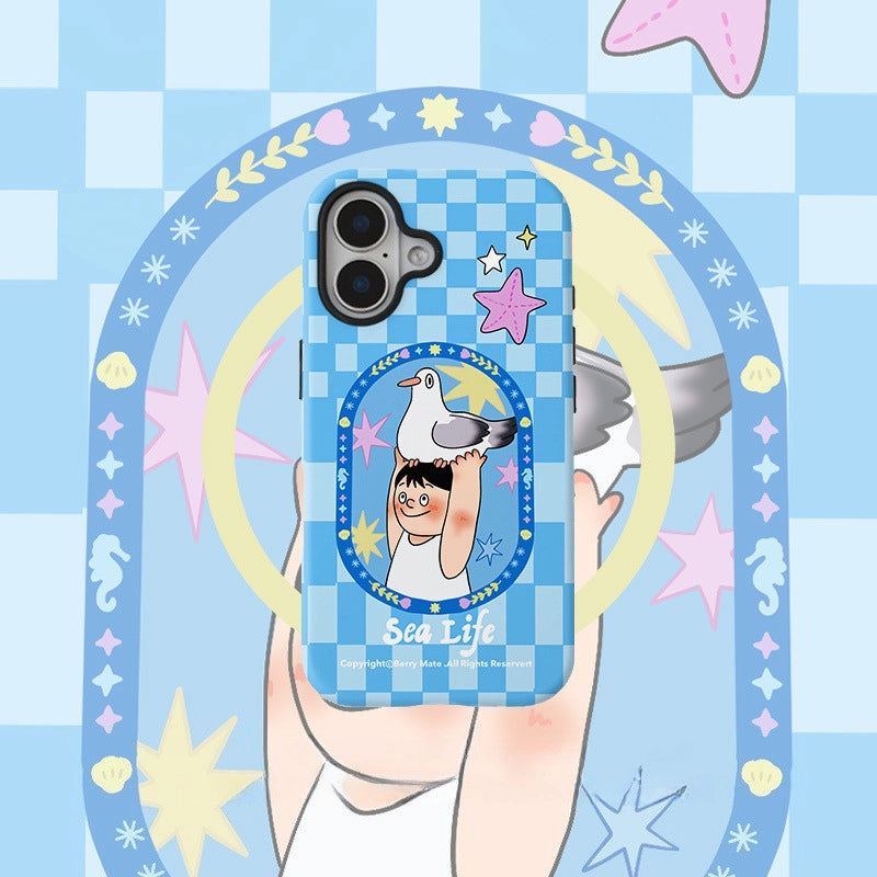 Sea Life Carrier Pigeon Blue Gingham Case for iPhone 13-17 PM | MagSafe 2-in-1 Film | Glossy/Matte
