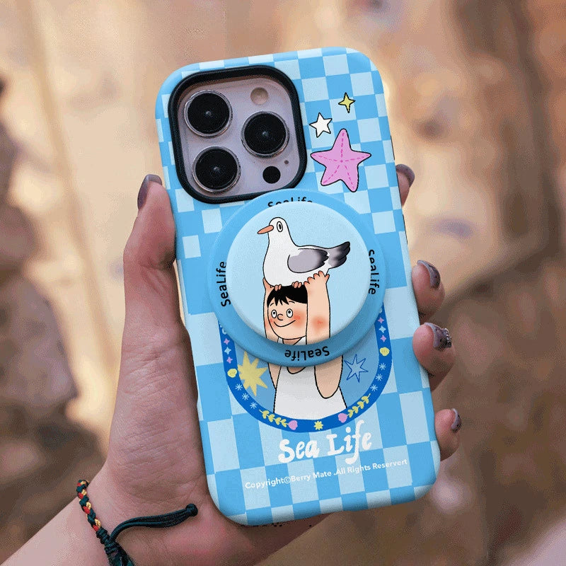Sea Life Carrier Pigeon Blue Gingham Case for iPhone 13-17 PM | MagSafe 2-in-1 Film | Glossy/Matte
