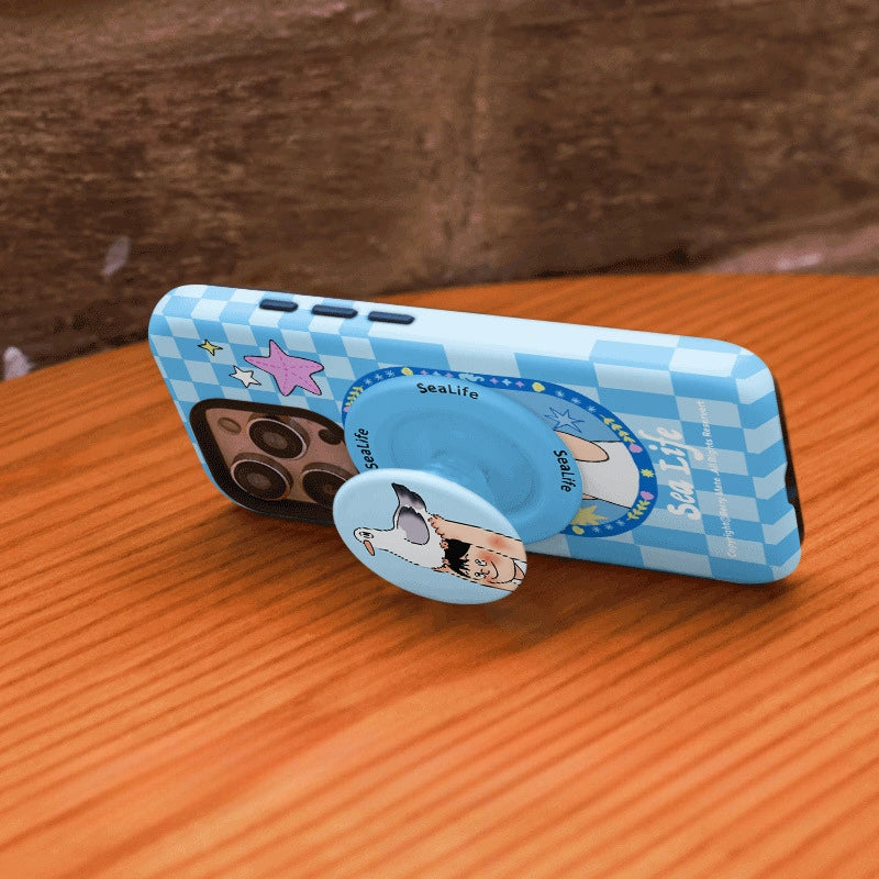 Sea Life Carrier Pigeon Blue Gingham Case for iPhone 13-17 PM | MagSafe 2-in-1 Film | Glossy/Matte