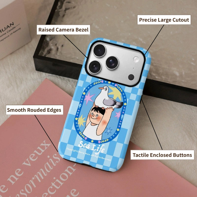 Sea Life Carrier Pigeon Blue Gingham Case for iPhone 13-17 PM | MagSafe 2-in-1 Film | Glossy/Matte
