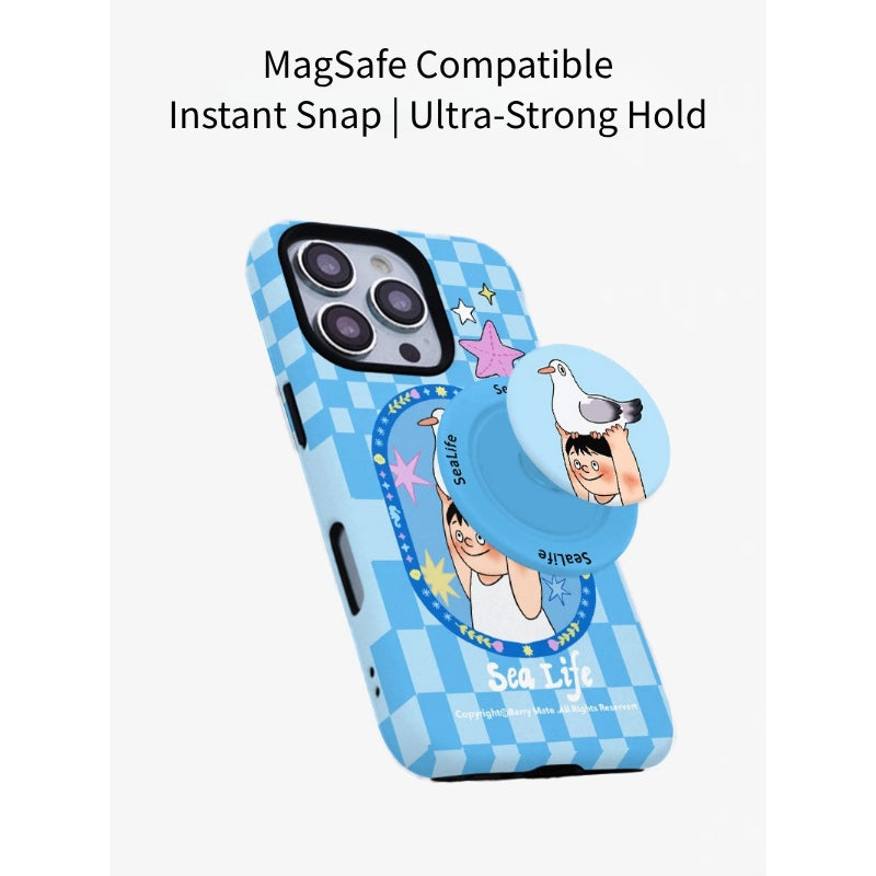 Sea Life Carrier Pigeon Blue Gingham Case for iPhone 13-17 PM | MagSafe 2-in-1 Film | Glossy/Matte
