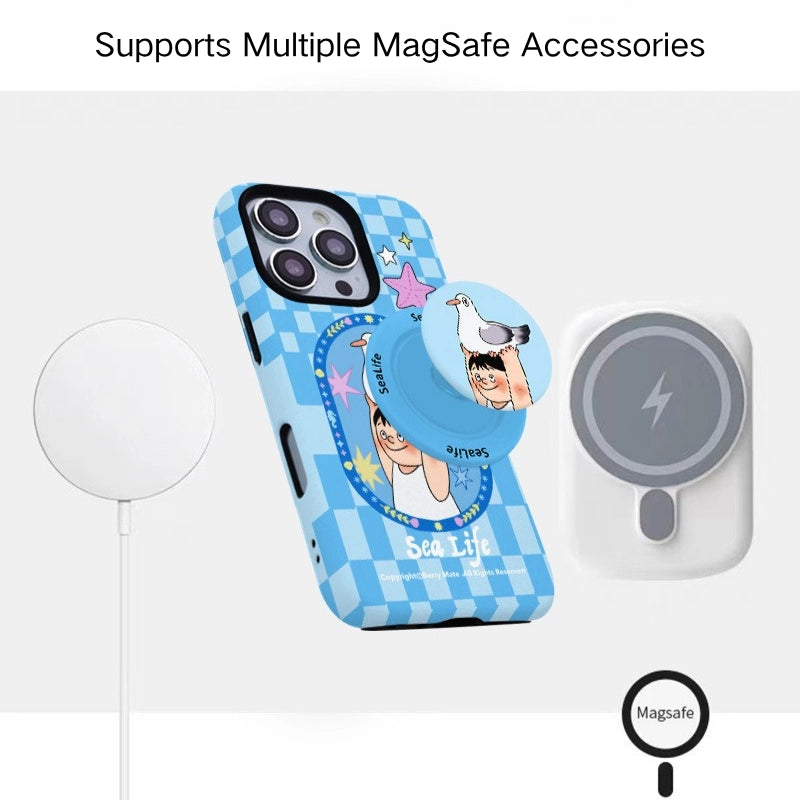 Sea Life Carrier Pigeon Blue Gingham Case for iPhone 13-17 PM | MagSafe 2-in-1 Film | Glossy/Matte