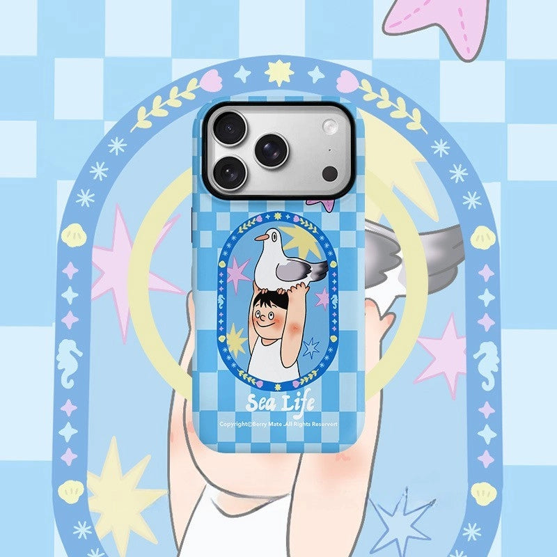 Sea Life Carrier Pigeon Blue Gingham Case for iPhone 13-17 PM | MagSafe 2-in-1 Film | Glossy/Matte