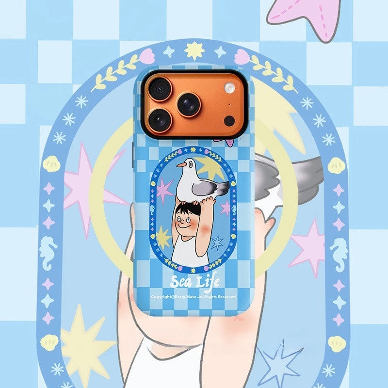 Sea Life Carrier Pigeon Blue Gingham Case for iPhone 13-17 PM | MagSafe 2-in-1 Film | Glossy/Matte
