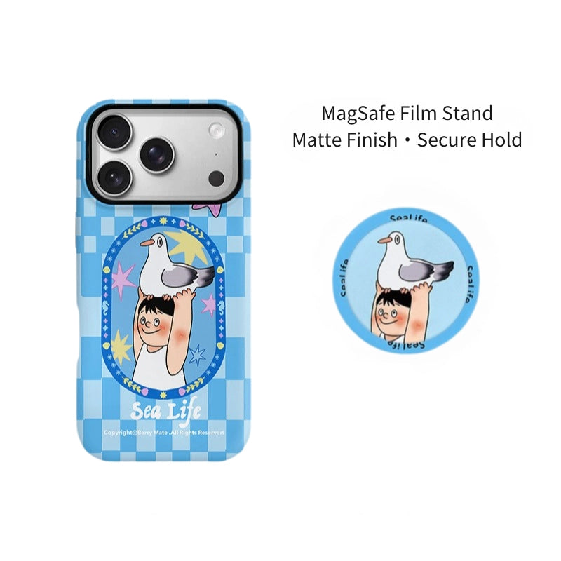 Sea Life Carrier Pigeon Blue Gingham Case for iPhone 13-17 PM | MagSafe 2-in-1 Film | Glossy/Matte