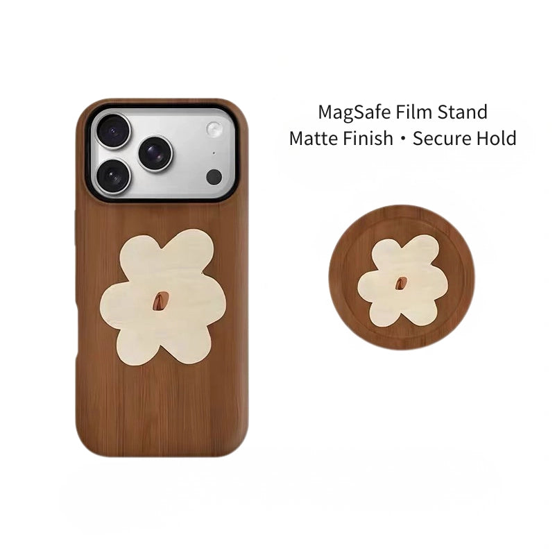 Wood-Grain Floral Case for iPhone 13-17 PM | MagSafe 2-in-1 Film | Glossy/Matte