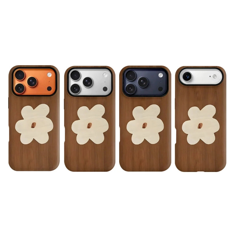 Wood-Grain Floral Case for iPhone 13-17 PM | MagSafe 2-in-1 Film | Glossy/Matte