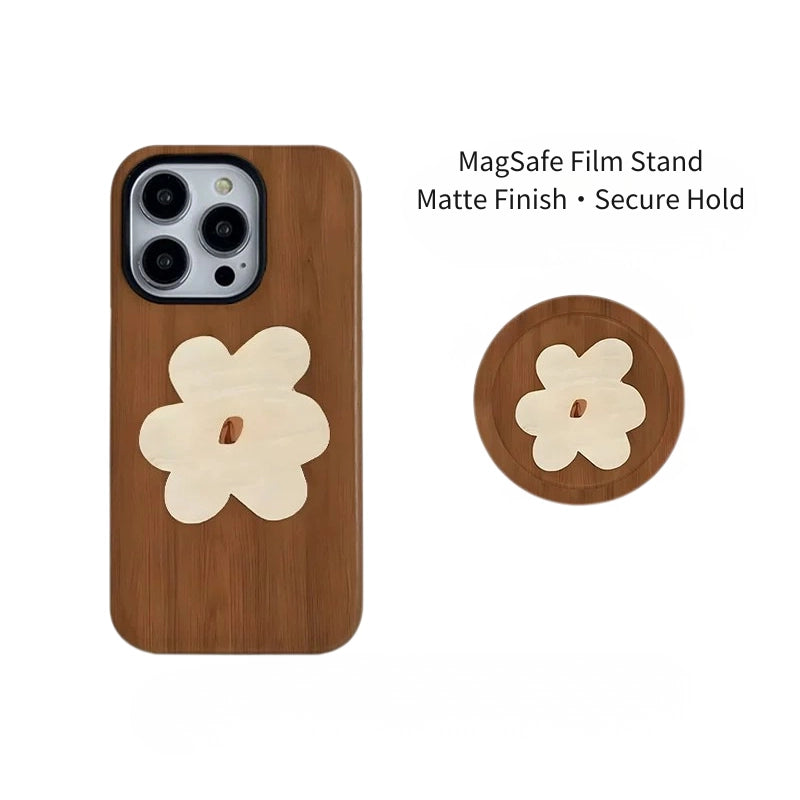 Wood-Grain Floral Case for iPhone 13-17 PM | MagSafe 2-in-1 Film | Glossy/Matte