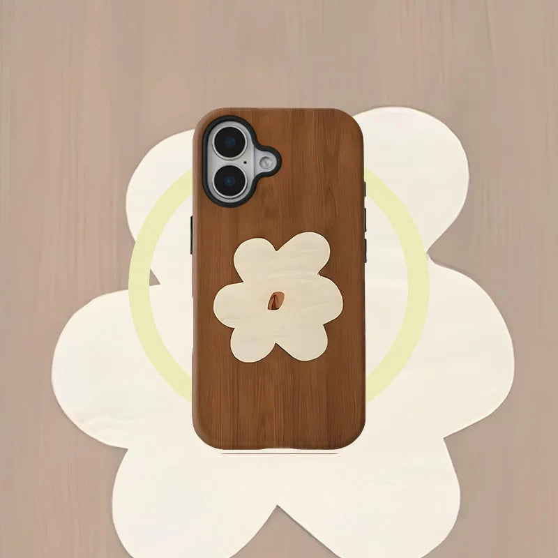 Wood-Grain Floral Case for iPhone 13-17 PM | MagSafe 2-in-1 Film | Glossy/Matte