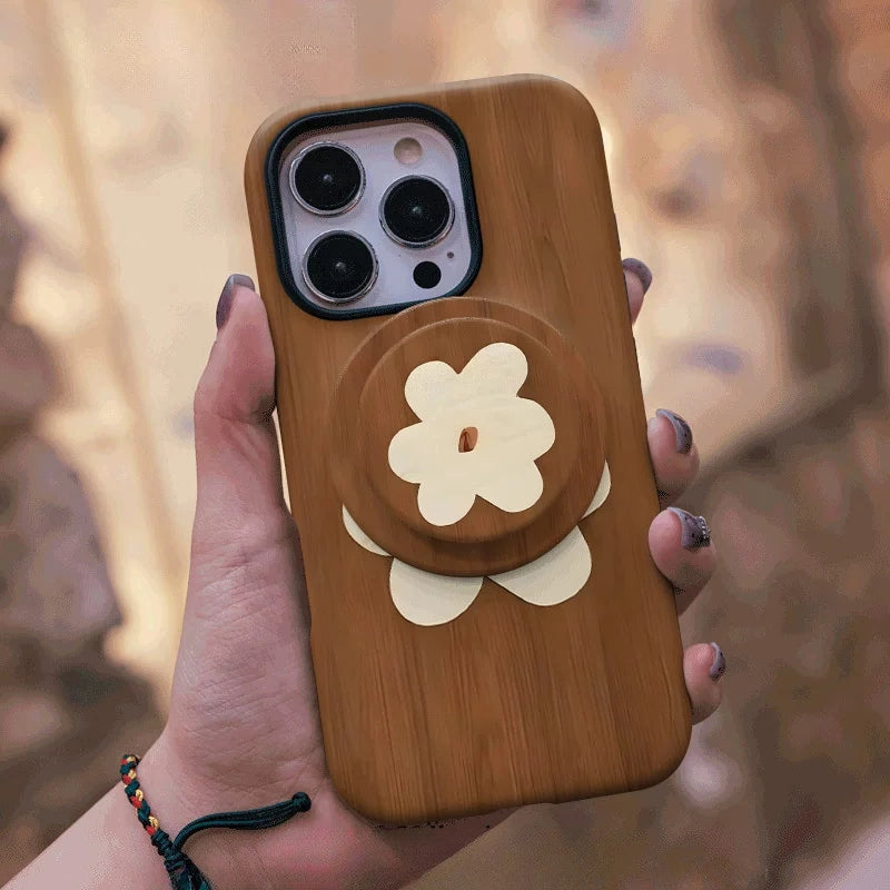 Wood-Grain Floral Case for iPhone 13-17 PM | MagSafe 2-in-1 Film | Glossy/Matte