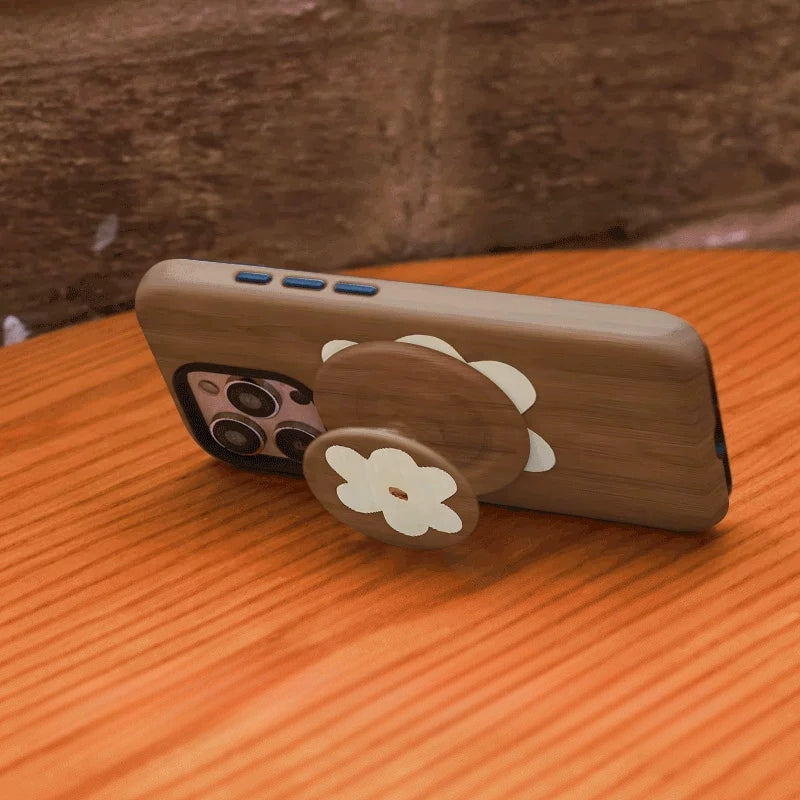 Wood-Grain Floral Case for iPhone 13-17 PM | MagSafe 2-in-1 Film | Glossy/Matte