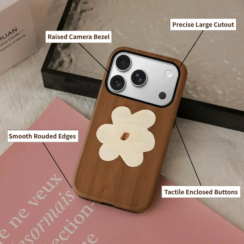 Wood-Grain Floral Case for iPhone 13-17 PM | MagSafe 2-in-1 Film | Glossy/Matte