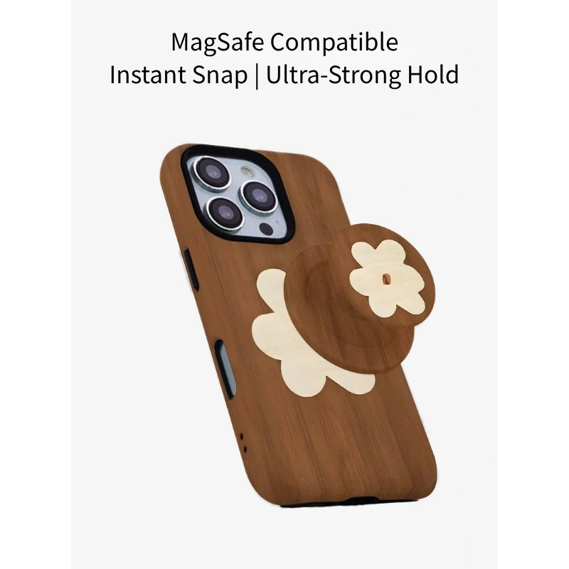 Wood-Grain Floral Case for iPhone 13-17 PM | MagSafe 2-in-1 Film | Glossy/Matte