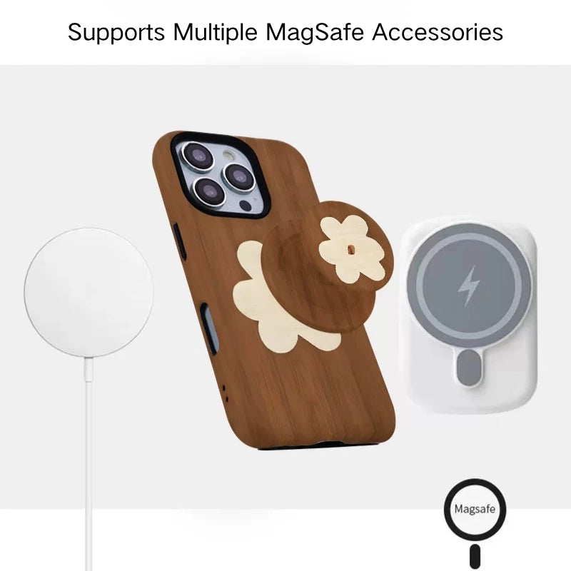Wood-Grain Floral Case for iPhone 13-17 PM | MagSafe 2-in-1 Film | Glossy/Matte
