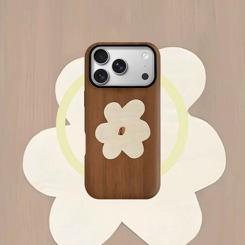 Wood-Grain Floral Case for iPhone 13-17 PM | MagSafe 2-in-1 Film | Glossy/Matte