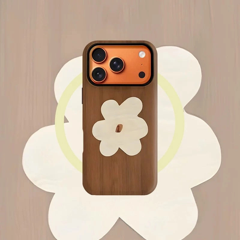 Wood-Grain Floral Case for iPhone 13-17 PM | MagSafe 2-in-1 Film | Glossy/Matte